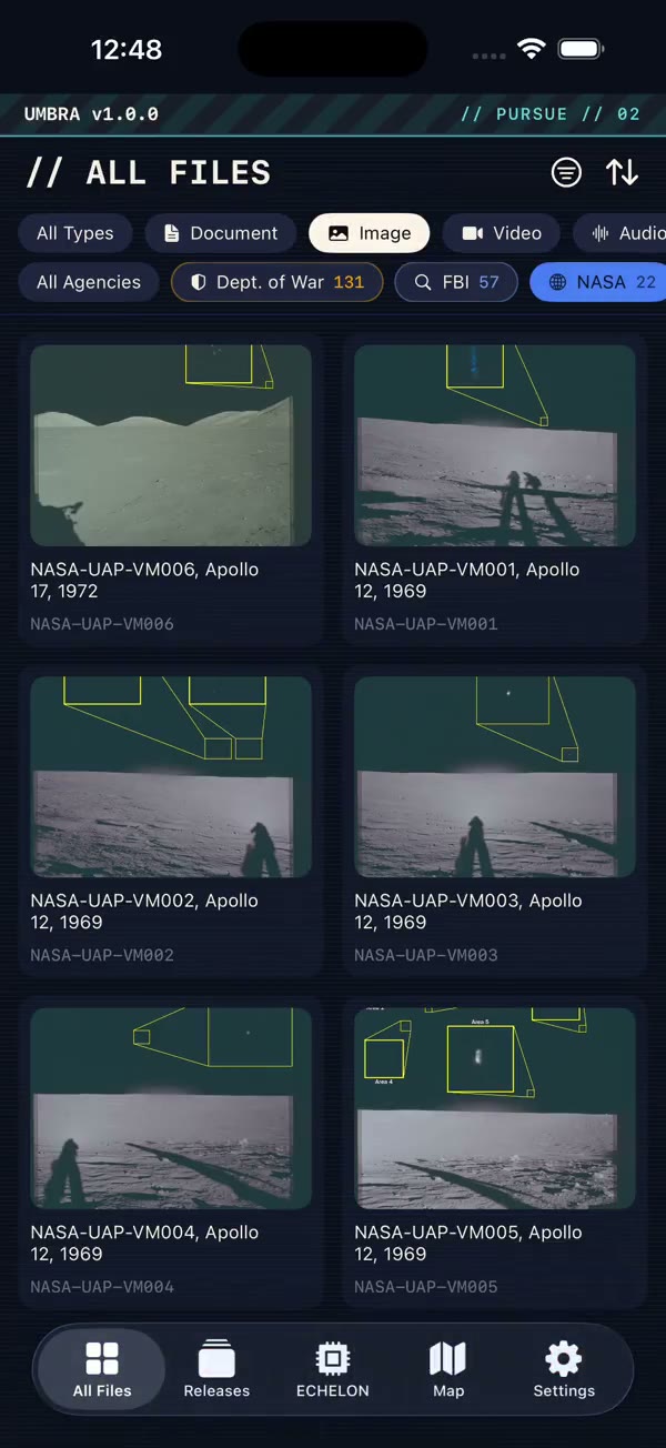 Umbra on iPhone — the All Files grid of PURSUE imagery, filtered by agency and type