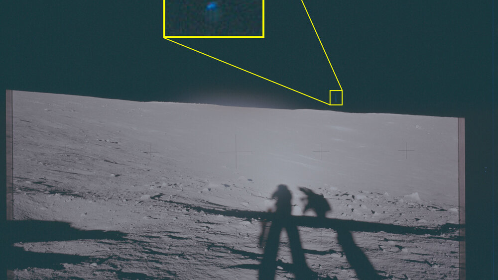 An Apollo lunar-surface photograph with a UAP region highlighted in yellow
