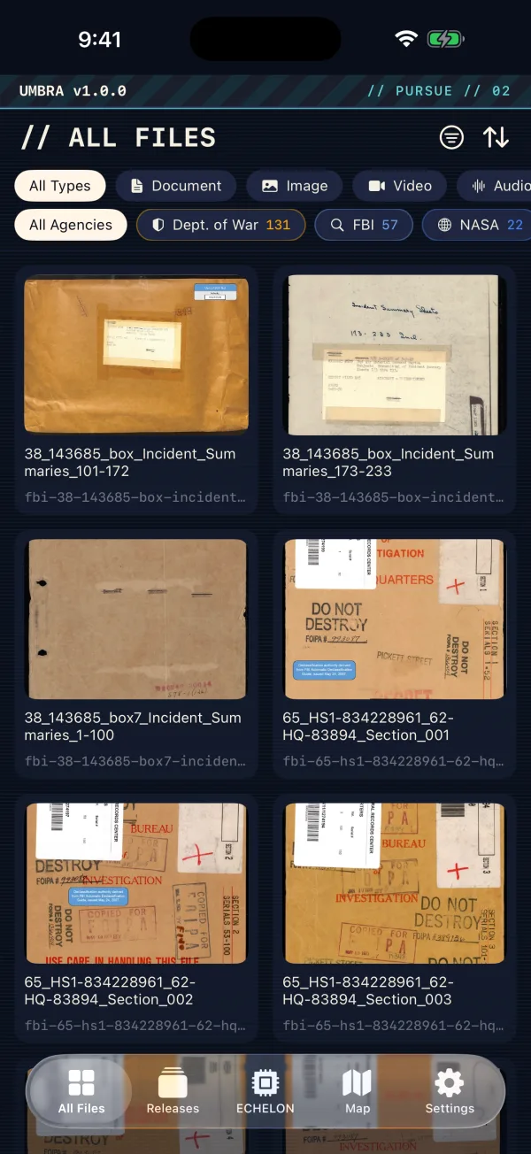 Umbra — the All Files grid, filterable by type and agency